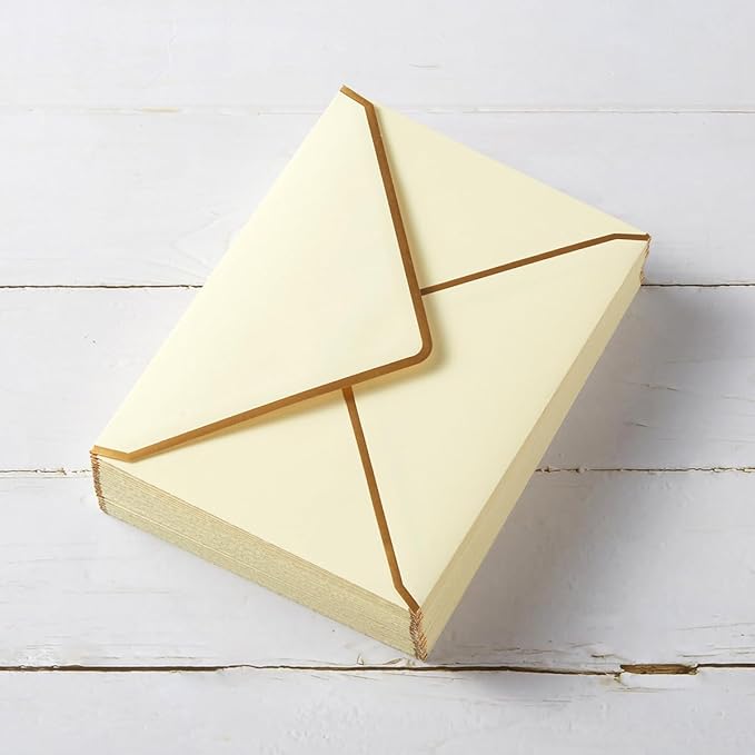 50 Pack Cream Color A4 Envelopes 4x6 Self-Adhesive V Flap Envelopes with Gold Border for Office, Greeting Card, Wedding, Graduation, Baby Shower, Parties, Invitations (4.25x6.25 inches)