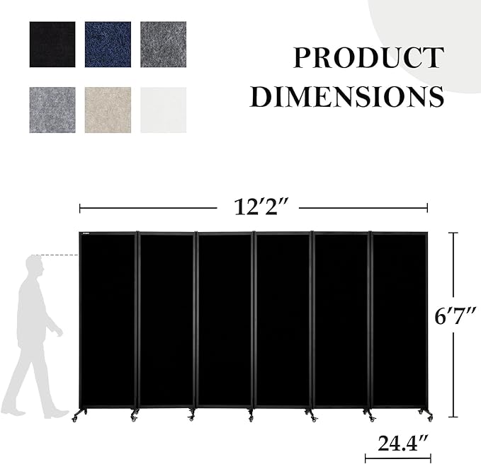 Upgrade Version Room Partition and Divider, Freestanding Rolling Dividers with Wheels,Office Privacy Screen Divider Wall,Classroom Felt Dividers,12'2"L* 6'7"H,6 Panel，Black