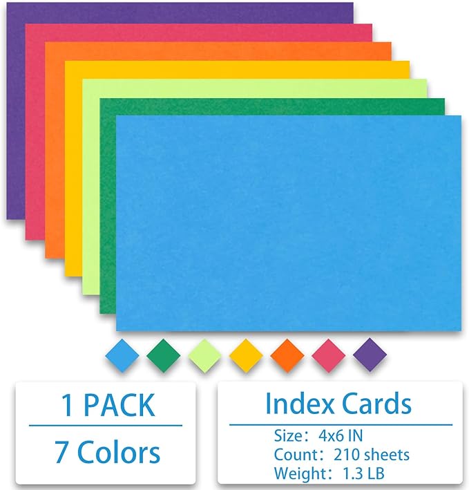 Index Cards 210-Count 4x6 Inch,178GSM Heavyweight Set of 7 Colors Paper Multicolor Study Cards (Rainbow)