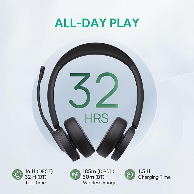 Yealink WH64 Wireless Headset, DECT & Bluetooth Dual-Mode 606 ft Range Headset for Teams Zoom,Skype and UC, Phone Headset with 3X Mic, 32 Talk Time, Office Work Headset for Desk IP Phone, PC,CellPhone