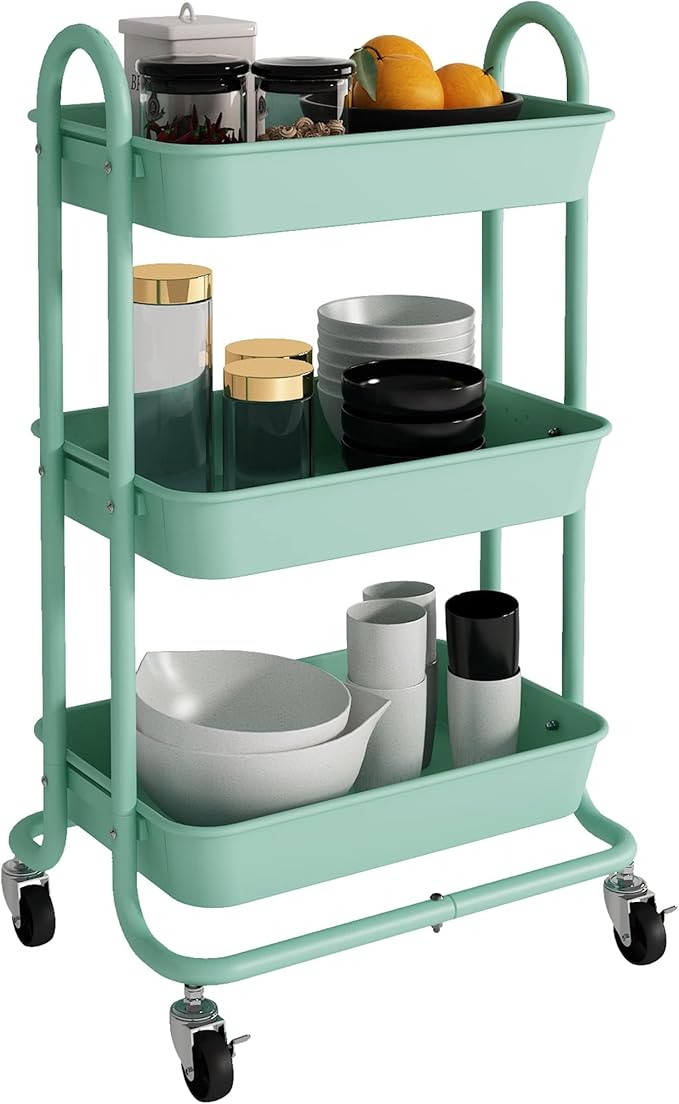 3-Tier Green Utility Rolling Cart,Kitchen Storage Carts with Wheels,Green Metal Rolling Cart for Office,Home,Kitchen,Garden（18"x11.4"x31.2"）