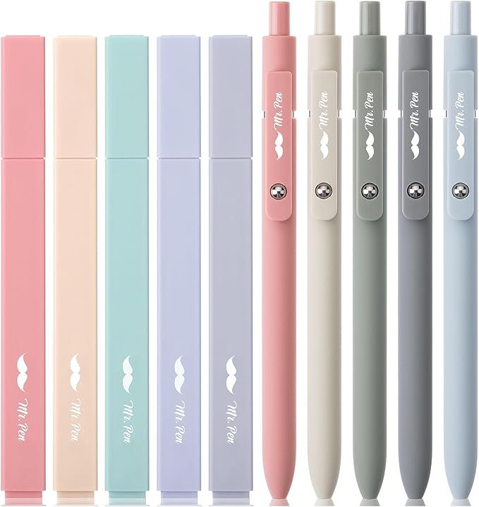 Mr. Pen Aesthetic Gel Pens & Highlighters No Bleed, 10 Pack - Morandi Color Bible Pens, Black Ink