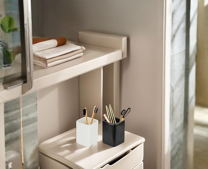 Square Ceramics Desk Pencil Holder With Metal Frame, Suitable for Offices and Homes(Off White)