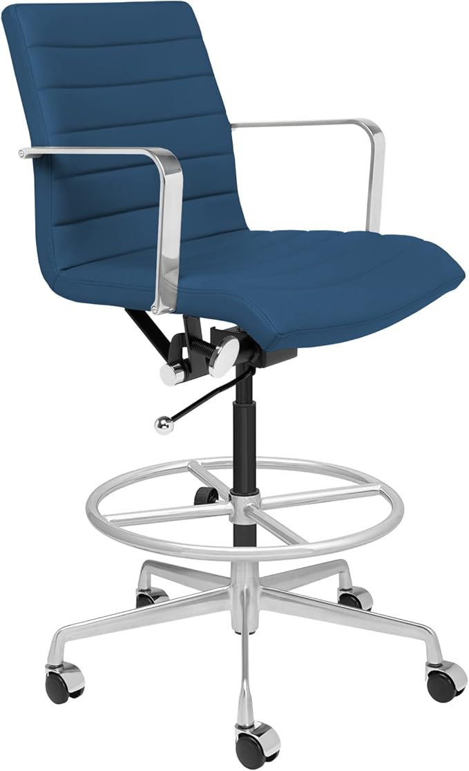 Laura Davidson Furniture SOHO II Ribbed Drafting Chair for Standing Desks, Standing Desk Chair - Ergonomically Designed, Commercial Grade Draft Height, Arm Rest & Cushion, Made of Faux Leather, Blue