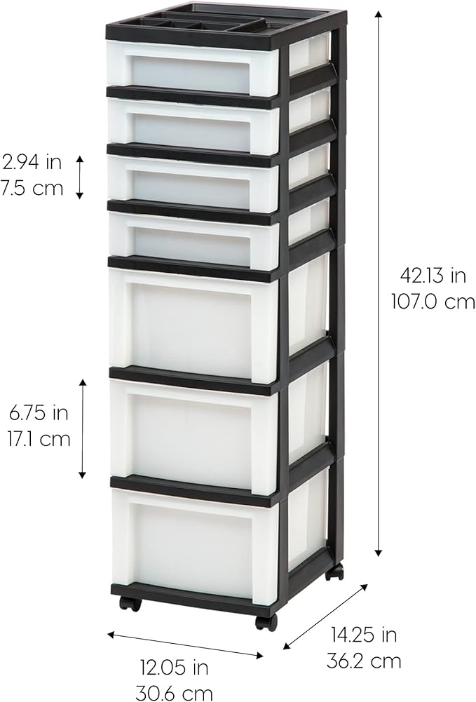 IRIS USA Plastic Drawer Storage Organizer Rolling Cart, with Wheels Casters, 7-Drawers, for Classroom Art Craft Supplies Dresser Closet Bathroom Bedroom, Top Organizer for Small Parts, Black/Pearl
