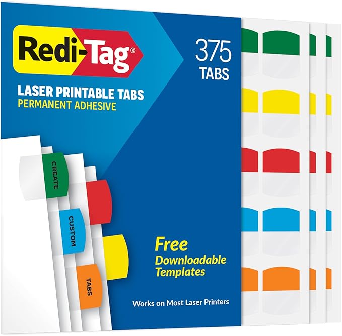 Redi-Tag Laser Printable Tabs, Permanent Index Tabs, Customizable Adhesive Labels, Assorted Primary Colors, 1.125" x 1.25", 375 Per Pack (1006556)