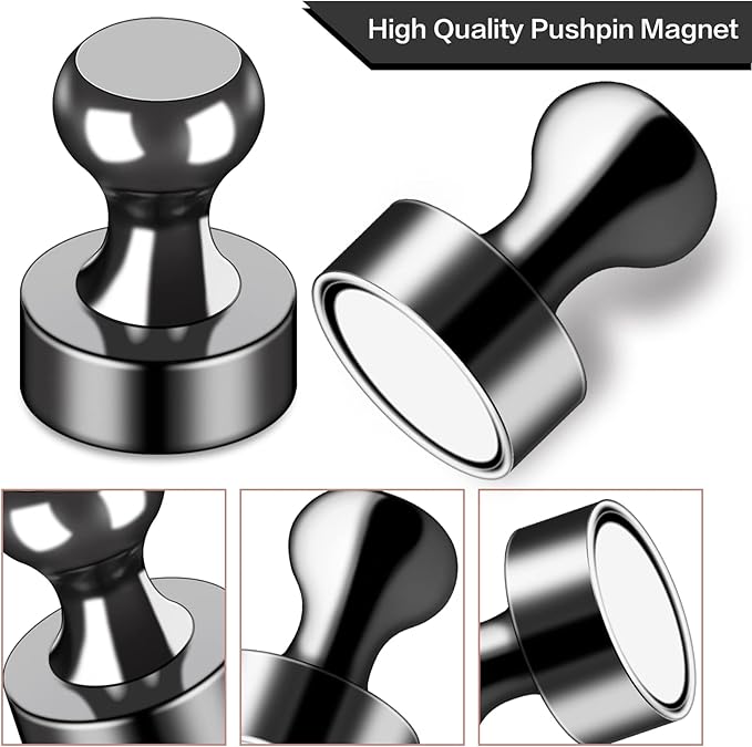 LOVIMAG 50Pcs Fridge Magnets, Black Refrigerator Magnets for Whiteboard, Strong Metal Magnets for Fridge, Whiteboard, Office, Classroom, Map, Kitchen,Magnetic Push Pins, Thumb Tacks Magnets