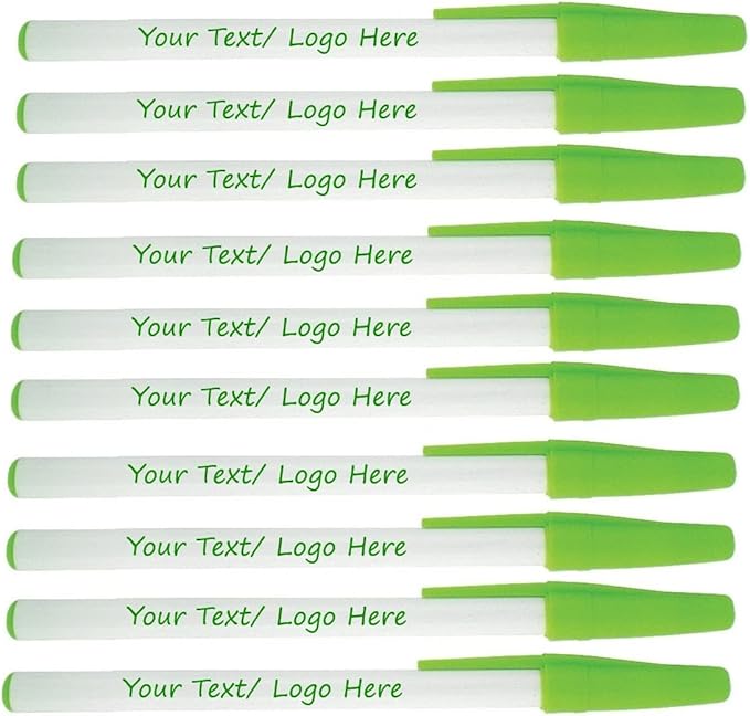 Personalized Stick Pens With your Custom Logo or Text-500 Pack Bulk-for Businesses, Parties, and Events, Custom Printed Slim Ballpoint Pens with Cap, Light Green, Black Ink