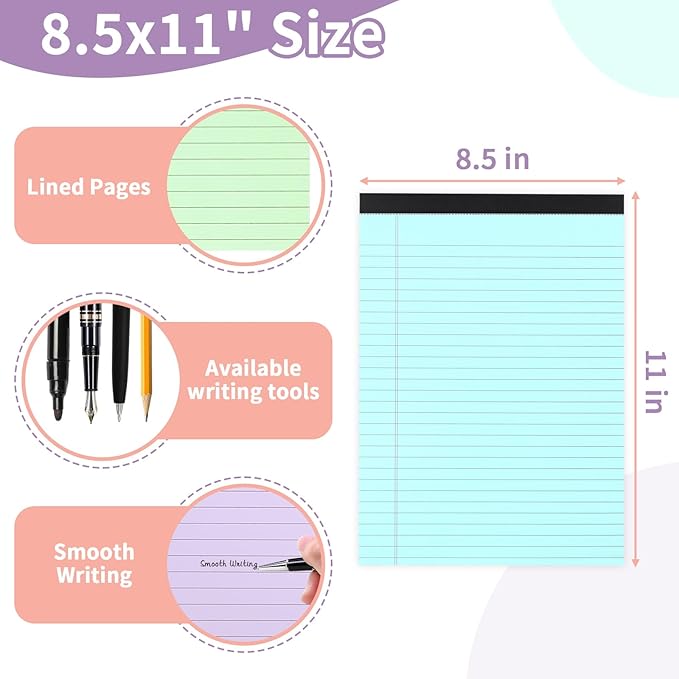 Colored Legal Pads, 3 Pack Writing Pads 8.5 x 11 inch, Micro Perforated Notebooks with Sturdy Back, Wide Ruled, 30 Sheets Per Writing Pad for School, College, Office, Professional (Blue/ Purple/Green)