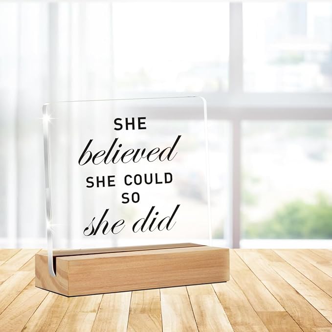 Congratulations Gifts for Women, She Believed She Could So She Did DeskClear Decorative Acrylic Sign With Wooden Stand for Desk Table Shelf