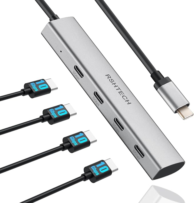 USB C Hub 10Gbps RSHTECH 4-Port USB C to USB-C 3.2 Gen 2 Dongle, Portable USB C Multiport Adapter for Thunderbolt/Type C Laptop and More, Gray (RX04)