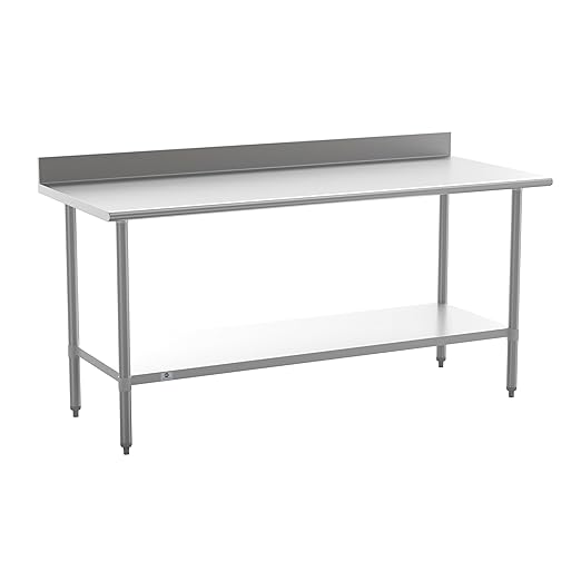 Flash Furniture Reese Commercial Stainless Steel Prep/Work Table for Back Kitchen, 430 Stainless Steel, 18 Gauge, Adjustable Shelf, 4" Backsplash, 30" x 72"