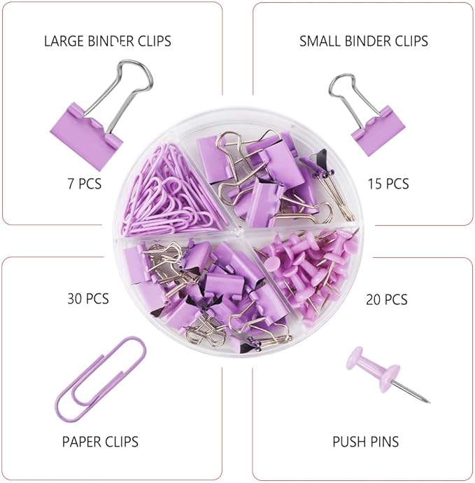 Purple Binder Clips and Paper Clips Push Pins Tacks Sets, Total 72 PCS Assorted Sizes Office Supplies Set for Women, Student, School, Home & Desk Supplies