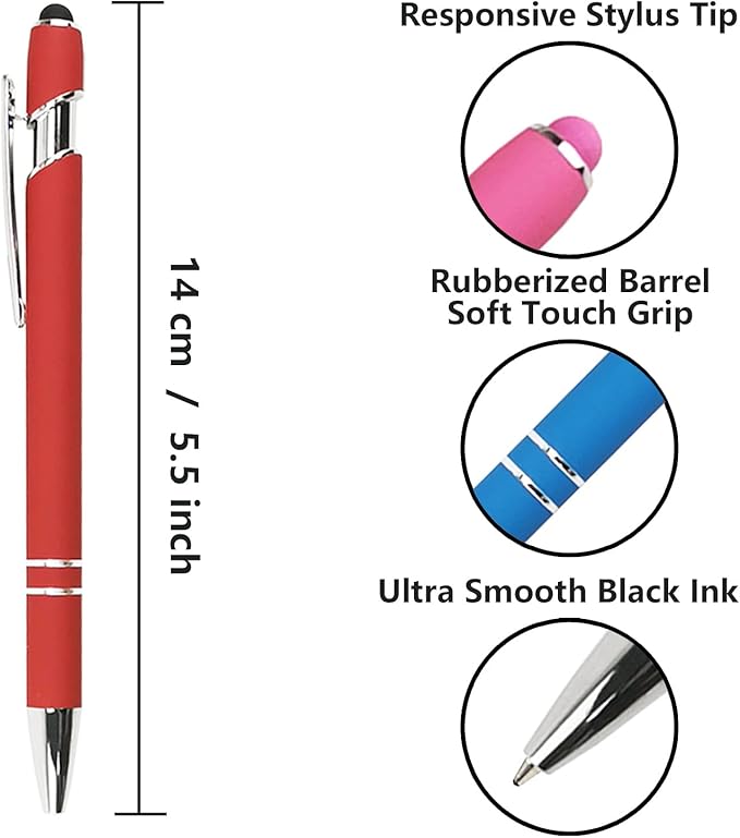 Ballpoint Pen with Stylus Tip, Soft Touch Click Metal Pen, 1.0mm Medium Point, Black Ink, 12 Count(Red)
