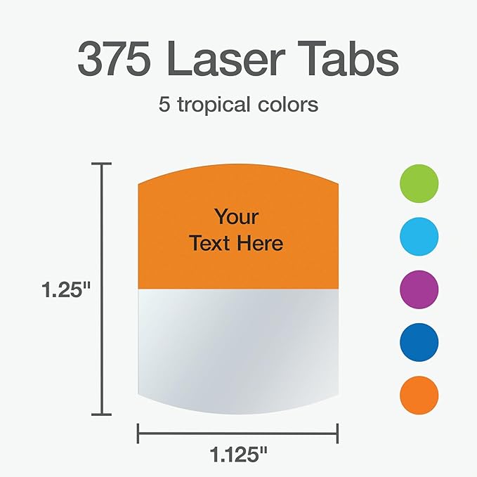 Redi-Tag Laser Printable Tabs, Permanent Index Tabs, Customizable Adhesive Labels, Assorted Tropical Colors, 1.125" x 1.25", 375 Per Pack (1006789)