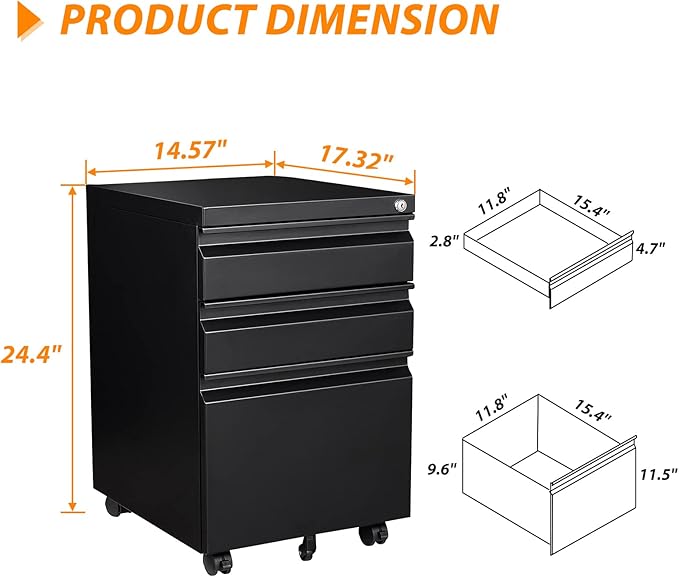 3 Drawer File Cabinet with Wheels, Metal Filing Cabinet with Lock, Office Rolling File Cabinets for A4/Legal/Letter Size, Assembly Required, Black