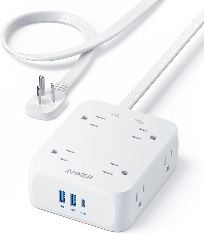 Anker Surge Protector Flat Plug Power Strip 2000J, 5ft Thin Extension Cord with 8 Outlets, 2 USB A and 1 USB C Port, 20W for iPhone15, Wall Mount, Compact for Home, Office, Room, TUV Listed