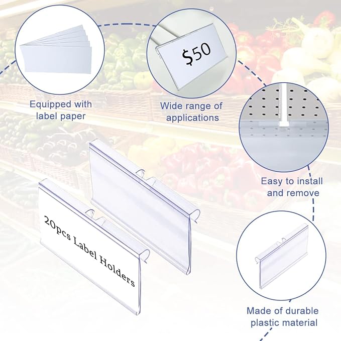 Diteje 20 Pack Plastic Wire Shelf Label Holder,Shelving Rack Retail Sign Hook Labels Clip On with Paper Inserts,3.15x1.50inch