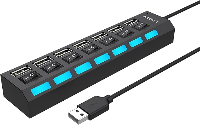 Multi Port Splitter, 7 Port USB 2.0 Hub, USB A Port Data Hub with Independent On/Off Switch and LED Indicators, Lights for Laptop, PC, Computer, Mobile HDD, Flash Drive and More (Black 2.0)