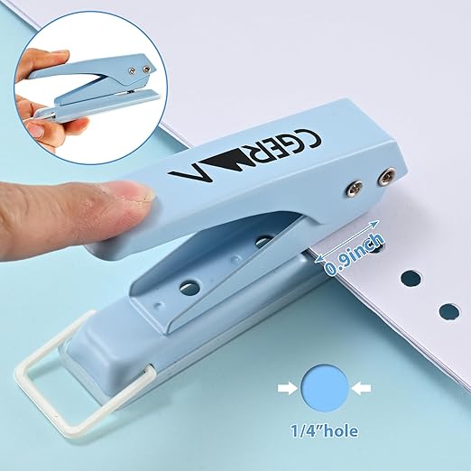 Single Hole Puncher, 1/4" Hole, 50% Labor Savings, Heavy Duty Metal Punch, 15 Sheet Capacity, for ID Cards, Chipboard, Art Project, Crafts Easy Punching, Blue