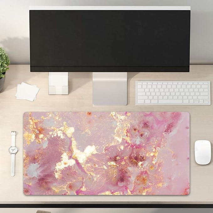 QIYI Large Mouse Pad, Cute Pink Desk Mat for Desktop, Women Girls PU Leather Waterproof Gaming, Rose Gold Marble Computer PC Laptop Protector Writing Pads for School Office Home 31.5" x 15.7"