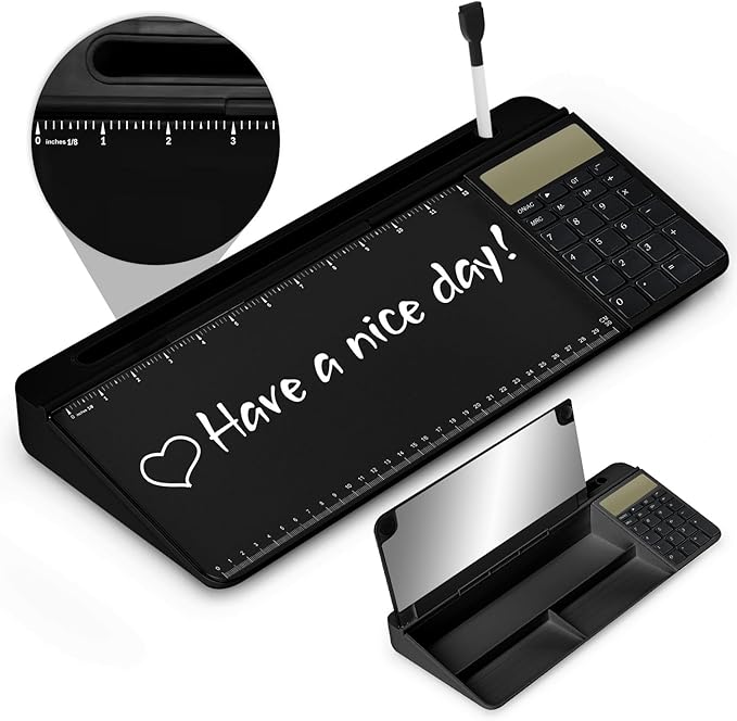 Desktop Glass Whiteboard with Mirror & Calculator(12 Digit LCD Display) & Ruler Marker,Tilted Computer Keyboard Stand with Dry Erase Board Surface, Desk Organizers with Accessories,Black