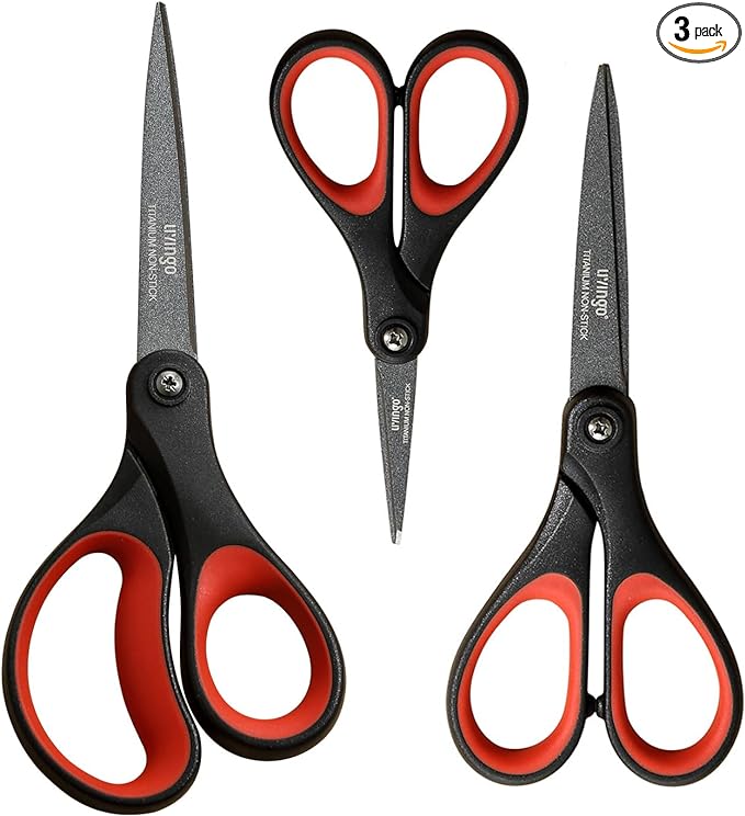 LIVINGO 3 Pack Titanium Scissors All Purpose - Non Stick Stainless Steel Sharp Scissors Set Heavy Duty for Office School Sewing Crafting Cutting Fabric Paper, Comfortable Grip, 5”, 7” & 8”