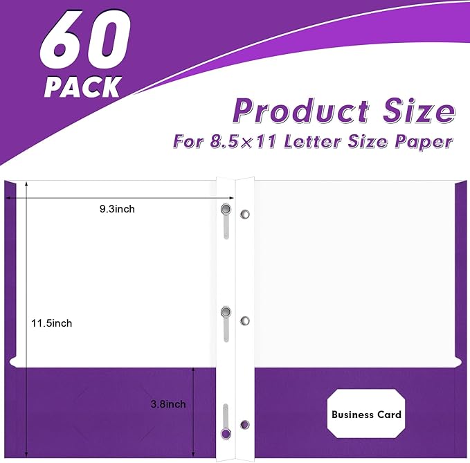 Two Pocket Folders, PANDRI 60 Pack Two Pocket Folders with Prongs, 3 Prong Folders Designed for Office and Classroom, Letter Size Purple
