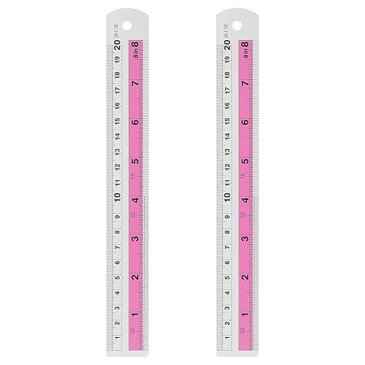 HARFINGTON 2pcs Metal Straight Ruler 20cm Metric SAE Aluminum Alloy Measuring Rulers Scale Tools with Hole for Measure Study Reading Classroom Office, Pink