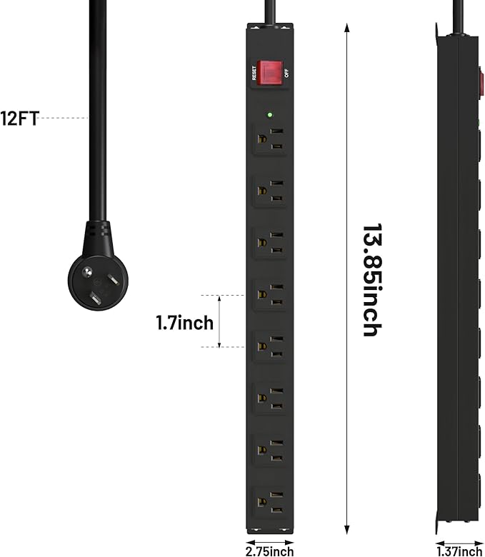 KF 8 Outlet Heavy Duty Power Strip Surge Protector, 2100J Surge Protection Power Strip, 15A/1875W Mountable Power Strips with Upgraded Switch, 14AWG 12FT Power Cord