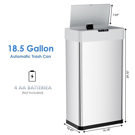 AthLike Sensor Trash Can, Touchless Motion Sensor Trash Bin, Smart Automatic Garbage Can with Soft-Close Lid, Bag Retainer Ring and Display Light,for Kitchen,Living Room Office (Silver, 18.5 Gal)