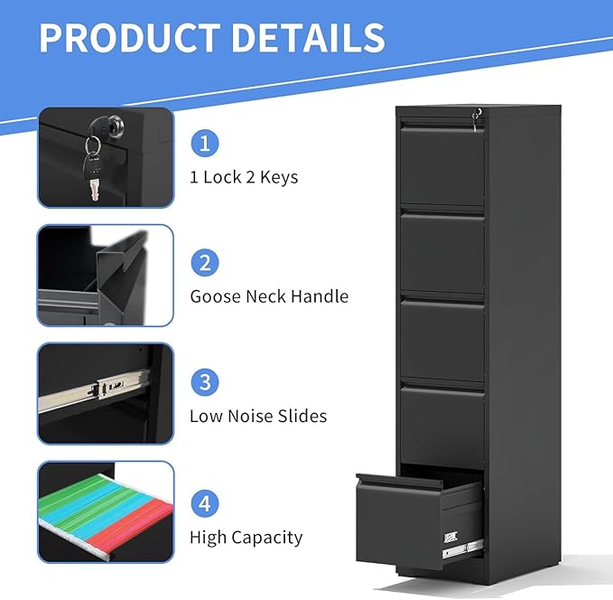 5 Drawer File Cabinet with Lock, Vertical File Cabinet with Lock, Locking File Cabinet Hanging Files for A4/ Legal/Letter, Require Assembly, Black