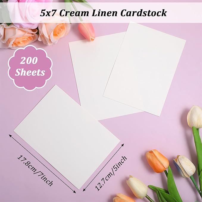 200 Sheets Linen Cardstock 5 x 7 Invitation Cardstock Heavy Weight Printer Paper 92lb 250GSM Index Cards for Printer Cover Postcards Blank Note Greeting
