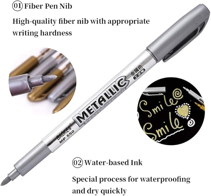 MYARTOOL Metallic Marker Pens, Gold and Silver Metallic Permanent Markers for Artist Illustration, Crafts, Gift Card Making, Scrapbooking, Fabric, DIY Photo Album, Value Set of 8