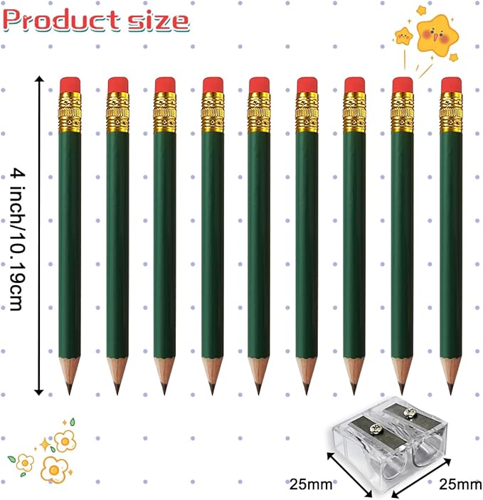 Adhere 50pcs Golf Pencils with Eraser Round Wooden half Pencils Graphite 2B for Golf Event Scoring, Classroom, Wedding, Pew, Pocket | Free Pencil Sharpener (Green)