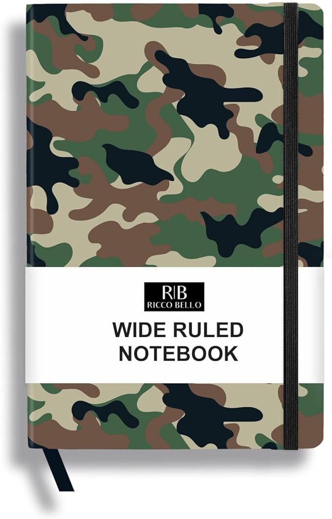 RICCO BELLO Wide Ruled Hardcover Diary Journal School Notebook for Kids, Tweens - Bookmark, Band Closure, Storage Pocket, 5.7 x 8.4 Inches, 192 Pages, (Green Camouflage)