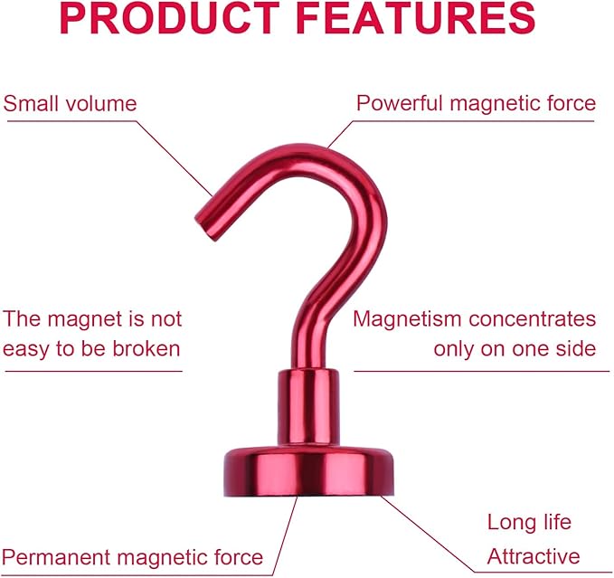 DIYMAG Magnetic Utility Hooks, 30Lbs Heavy Duty Rare Earth Neodymium Magnet Hooks with Nickel Coating for Kitchen, Garage, Cruise, Classroom, Workplace and Office etc, 3 Packs (Red)