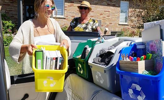 Multi Recycling System with Three Stackable 5 Gallon Bins to Build Your Recycling Center for Offices, Homes, Garages, Businesses (9 Pack, Blue/Yellow/Green)