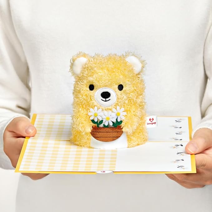 Lovepop Plushpop Soft Animal Pop-Up Card for Her and Him - 3D Bear Thinking of You Greeting Card for Boys, Girls, Men, Women - Hello - 6" x 8" Card - Yellow