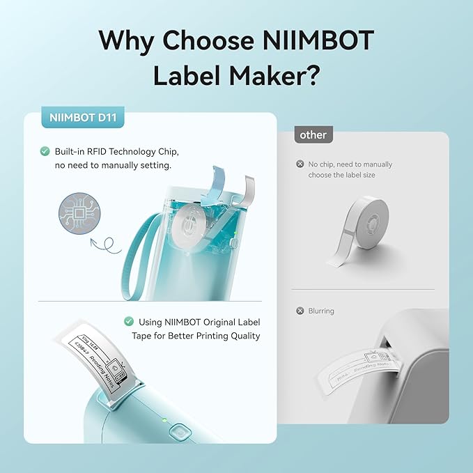 NIIMBOT Label Maker Machine D11 Label Printer Portable Wireless Connection Multiple Templates Available for Phone Easy to Use Office Home Organization USB Rechargeable
