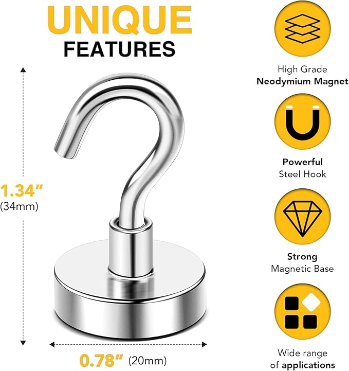 DIYMAG Magnetic Hooks, 50 LB Heavy Duty Magnet with Hooks,20 Packs Strong Rare Earth Neodymium Magnet Hooks for Hanging, Magnetic Hanger for Curtain, Home, Kitchen, Workplace