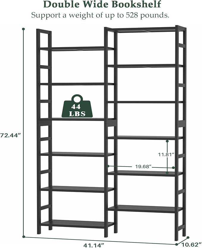 Homykic Double Wide Bamboo Bookshelf Black, 6-Tier Large Open Bookcase with 12 Display Shelves, 6ft Tall Freestanding Book Shelf for Home Office, Bedroom, Living Room, Plants