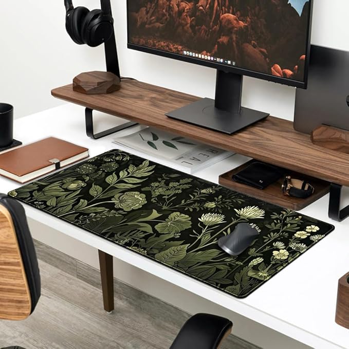 Sage Green Floral Black Plant Desk Pad Retro Aesthetics Mouse Pad Large Gaming Mouse Mat for Office Computer Keyboard Laptop Home with Stitched Edges,Non-Slip Base 31.5 X 11.8 in