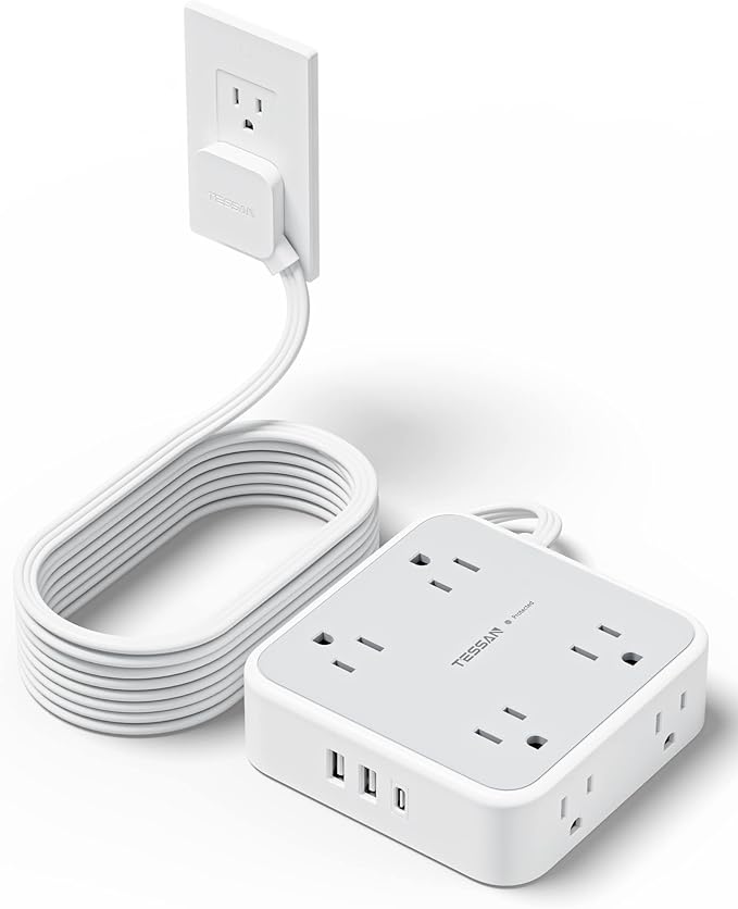 Surge Protector Power Strip 15 Ft Cord, TESSAN 8 Widely Spaced Outlets, 3 USB Charger(1 USB C Port), Ultra Thin Flat Plug Extension Cord 15 Feet, 900J Surge Protection for Home, Dorm Room Essentials