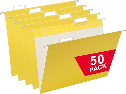 50 Packs Hanging File Folders,Yellow Letter Size File Folder,Designed for Bulky Files,Filing Cabinet,1/5 Adjustable Tabs for Office,School,Home