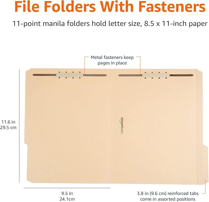 Amazon Basics Manila File Folders with Fasteners, Letter Size, 100-Pack, Light Brown