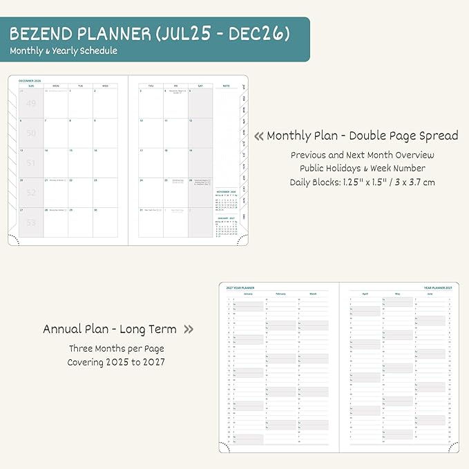 BEZEND Planner 2025-2026 Weekly and Monthly, 5.8" x 8.5" Academic Calendar (Jul 25-Dec 26) Vertical Daily Appointment with Hourly Timeslot & Monthly Tab, PU Leather Hardcover - Dark Green