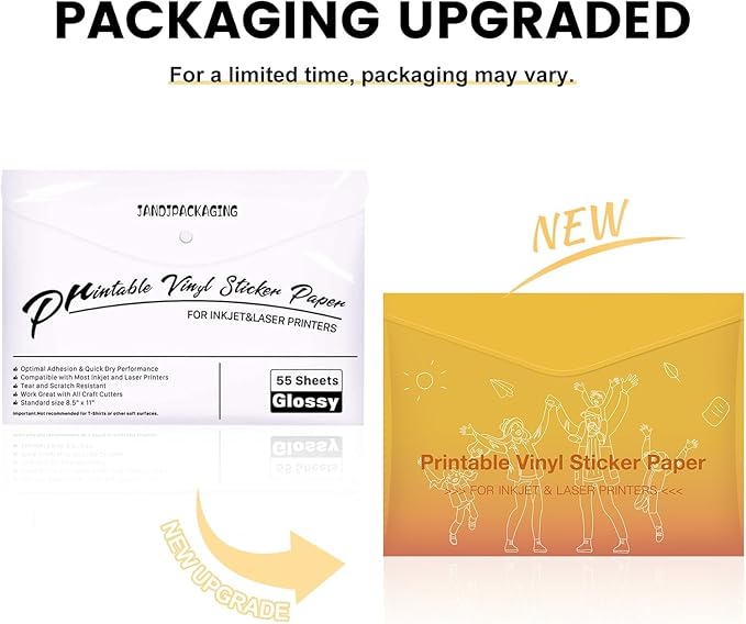 JANDJPACKAGING Premium Printable Vinyl Sticker Paper - for Inkjet and Laser Printer - 55 Pack Glossy White Waterproof Inkjet Printable Vinyl - 140 g Dries Quickly and Holds Ink Beautifully