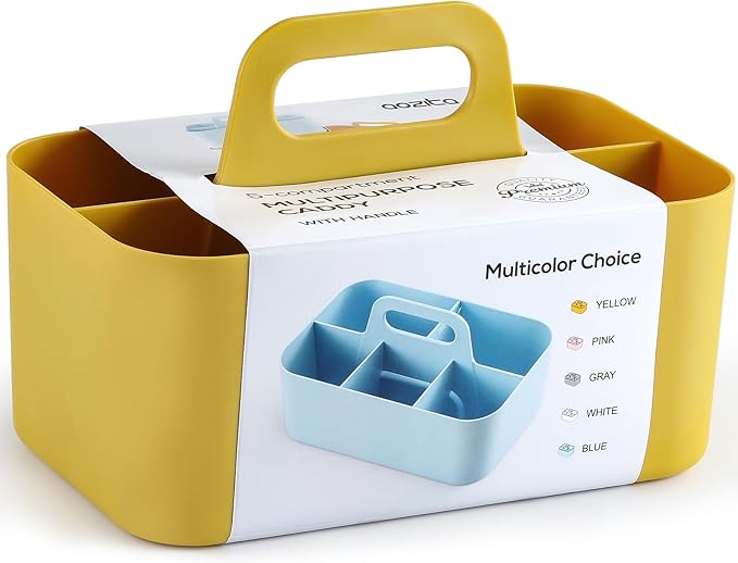 Multiuse Caddy Organizer w/ Handle - Stackable Plastic Tote Bin - Art Craft Supplies, Office, Desk, Stationery Pen Holder, Kitchen, Utensil, Makeup, Bathroom, Shower, Cleaning, Dorm Organizer - Yellow