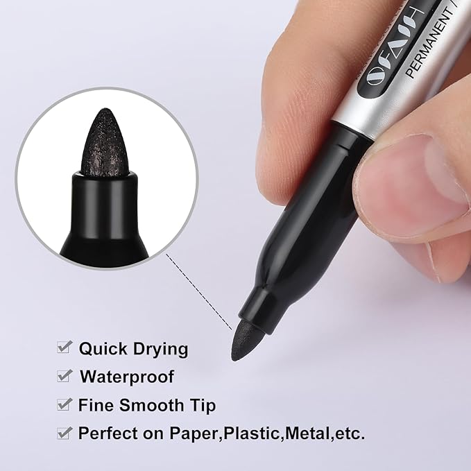 SFAIH Black Permanent Markers Bulk - 24 Pack, 1s Quick Dry, Non-Fading, Fine Point Permanent Pens for Plastic Glass Metal Wood Paper Stone, Office Classroom Kitchen, Doodling, Marking, Waterproof